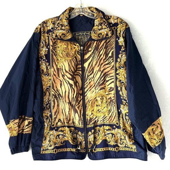EAST WEST Womens M Vintage Windbreaker Jacket Blue Gold Drawstring Waist 80s 90s - Picture 1 of 13